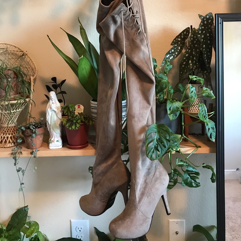 Taupe Thigh high faux suede boots w/lace up back
